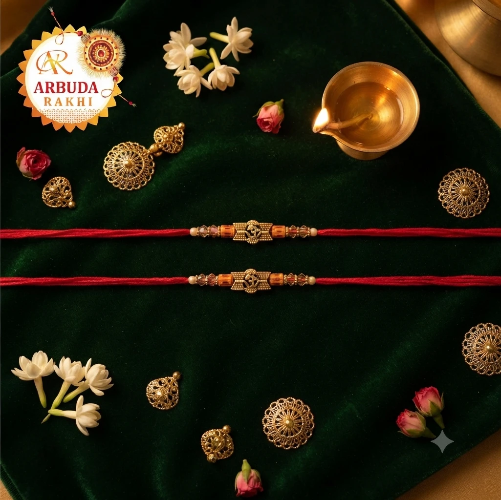 designer rakhis feature a central gold-plated motif resembling Lord Ganesha or a stylized 'Om' symbol.