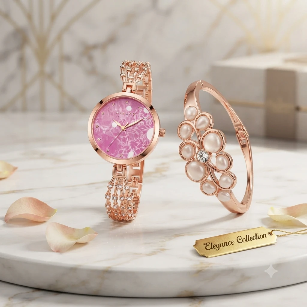 an elegant rose gold women's watch and matching crystal bracelet set