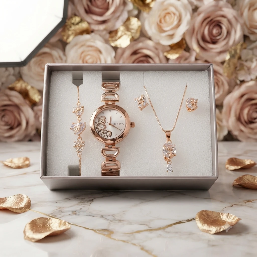 Rose  gold-tone women's analog watch, bracelet, necklace, and matching stud earrings gift set
