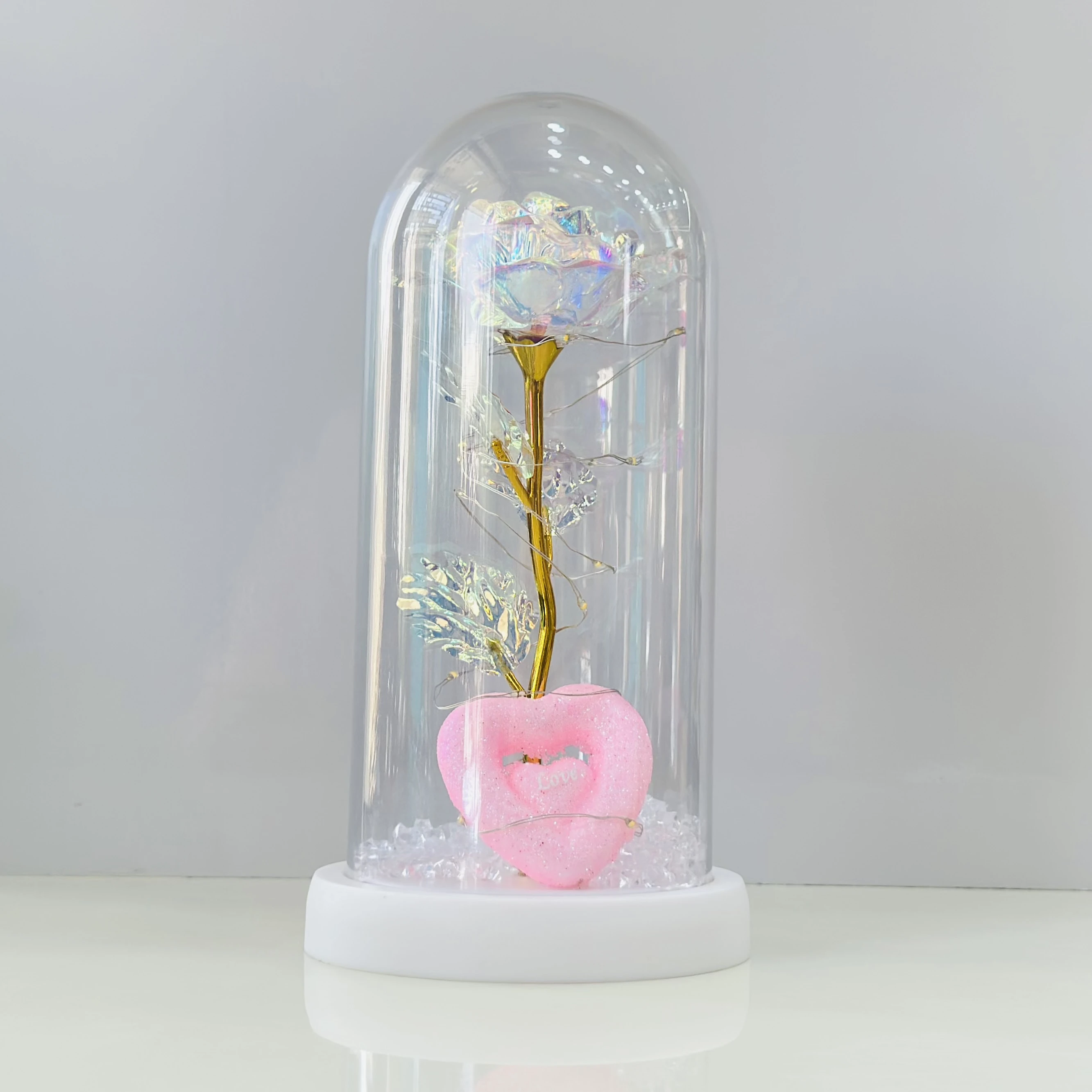 galaxy rose in a glass dome with LED lights(SKU-RM2DWA)