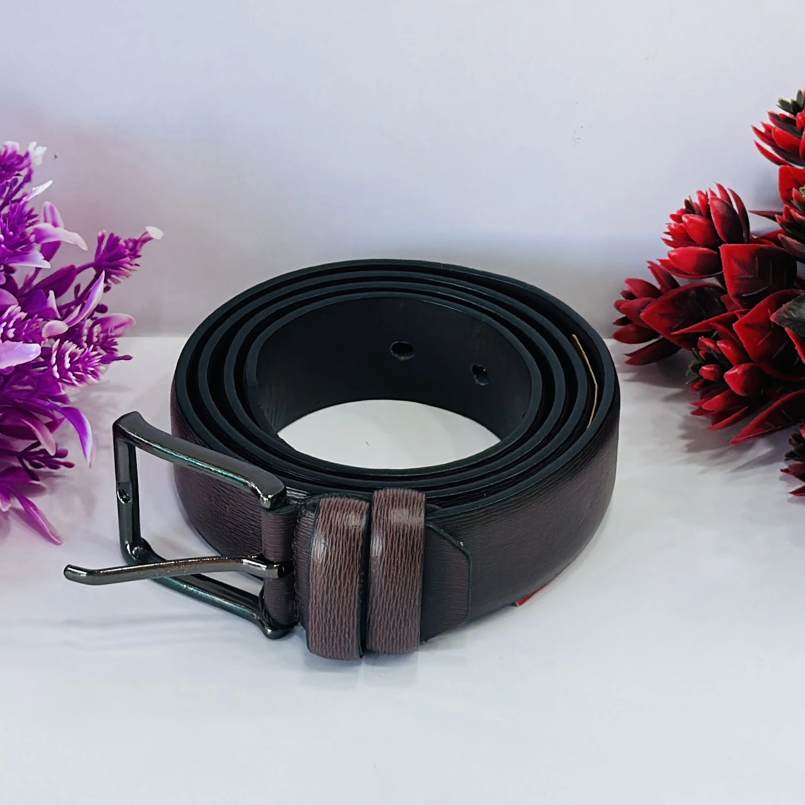 Brown textured leather belt