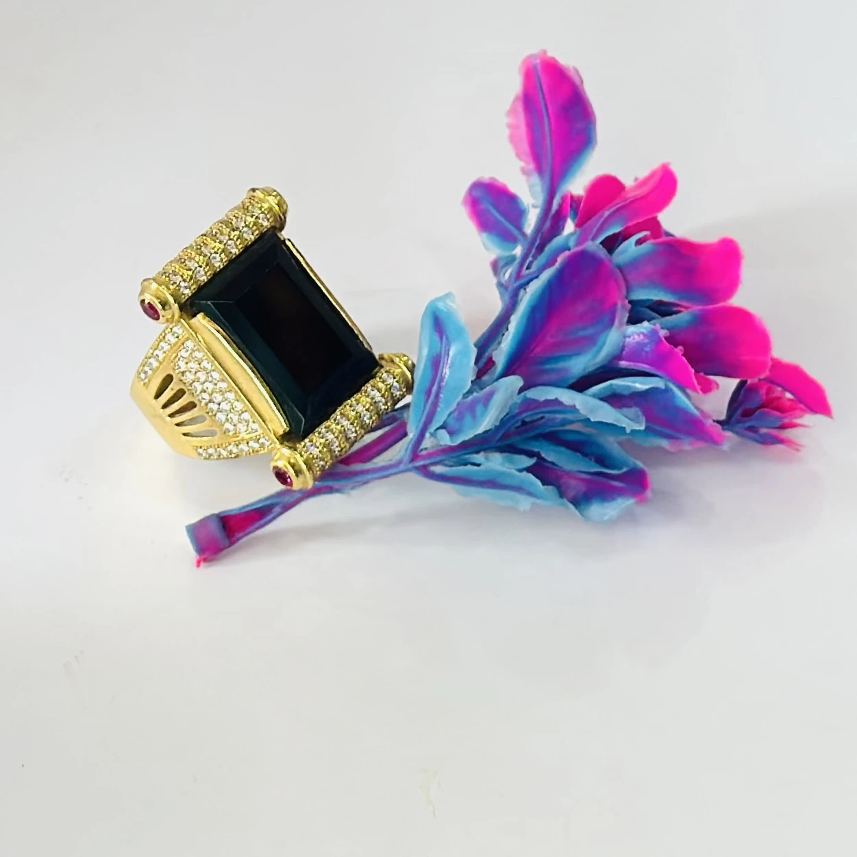 Freemen Black Big Stone With Diamond Golden Plated Ring