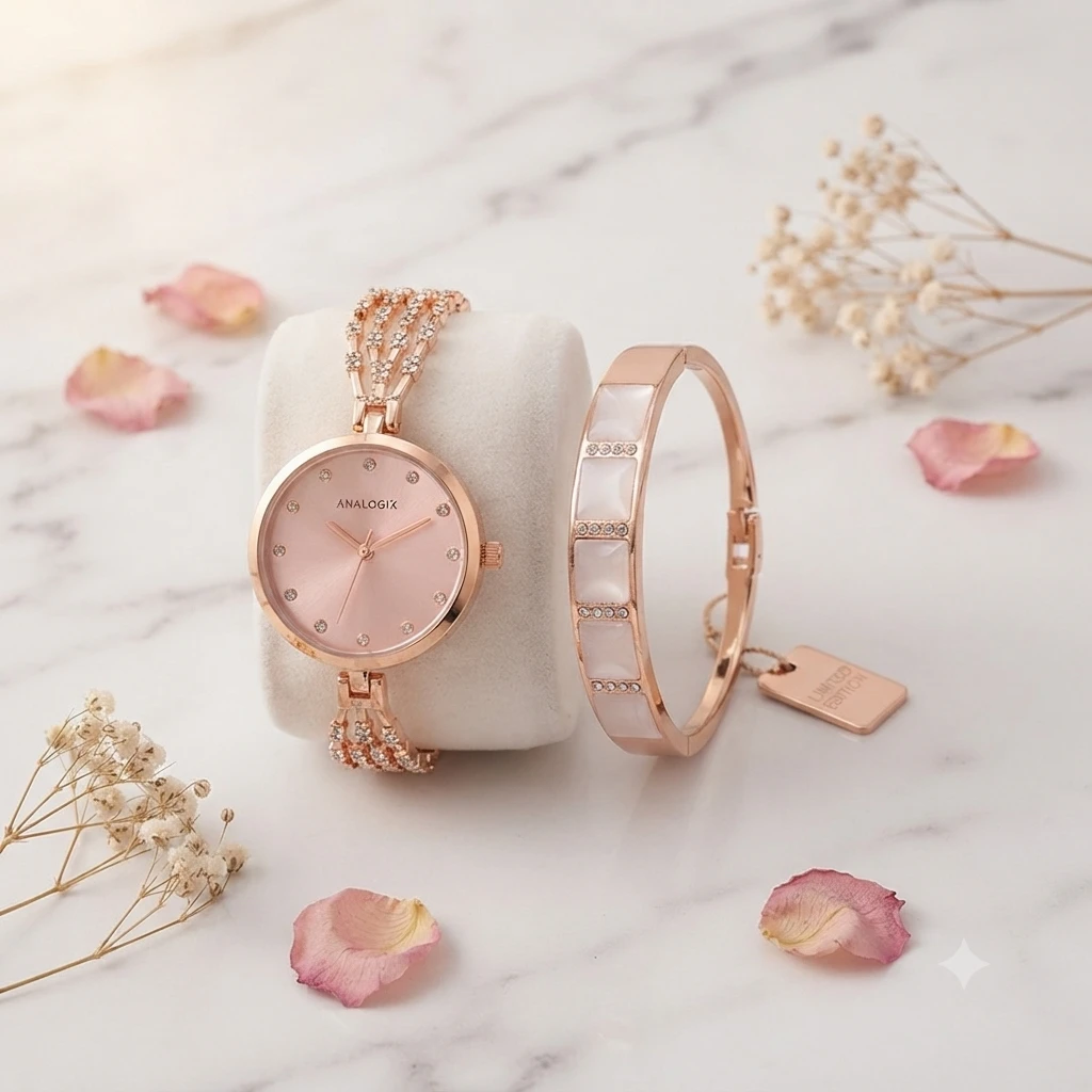 rose gold-toned women's watch and matching floral bracelet set