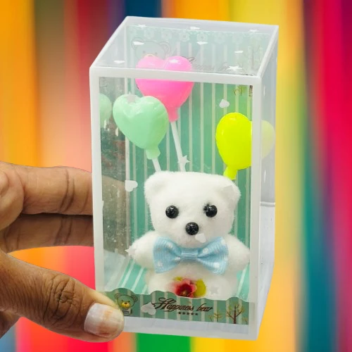 Teddy bear gift set or showpiece packaged in a clear display box.