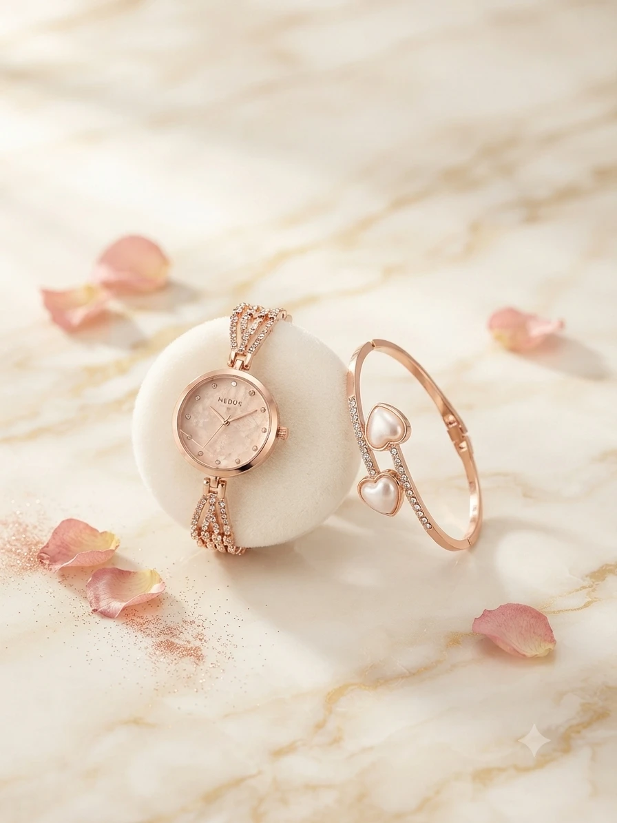 elegant rose gold watch and matching heart bracelet set