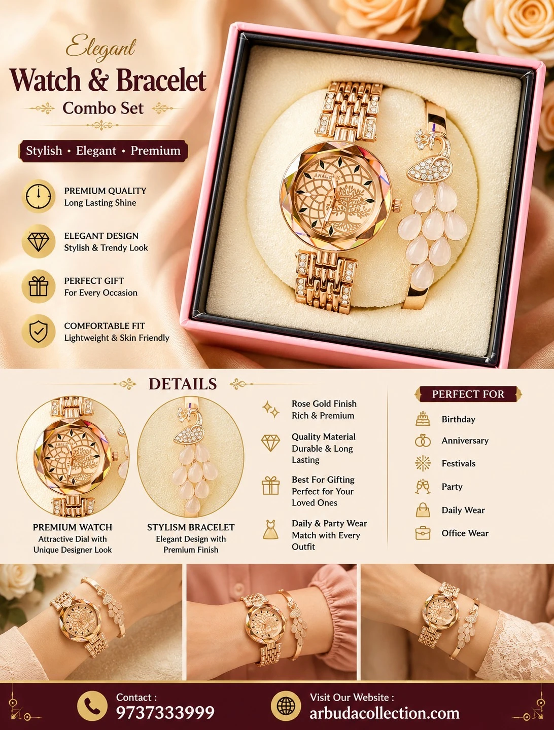 stylish rose gold women's analog watch and matching peacock bracelet set