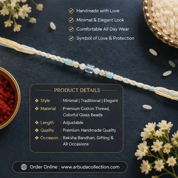 handmade, minimal beaded Rakhi featuring blue and cream braided cotton thread and glass beads.