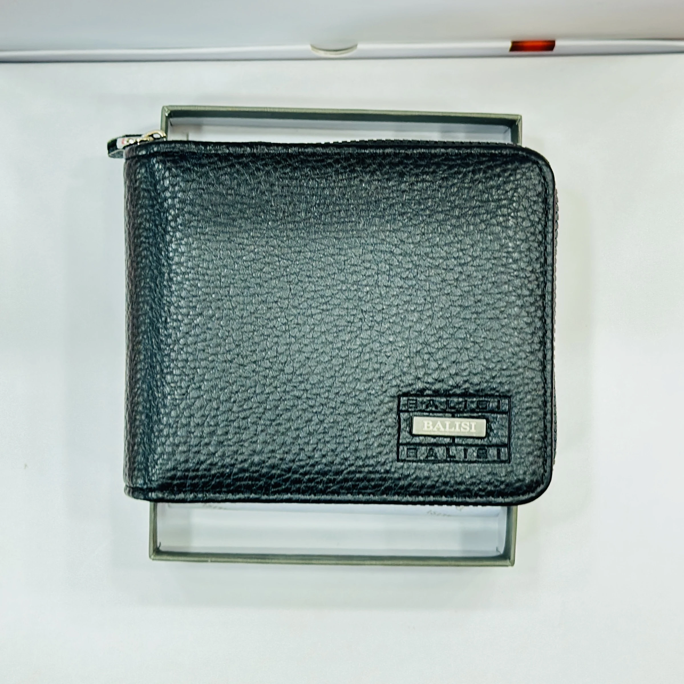 Black Balisi textured leather zip-around wallet for men.