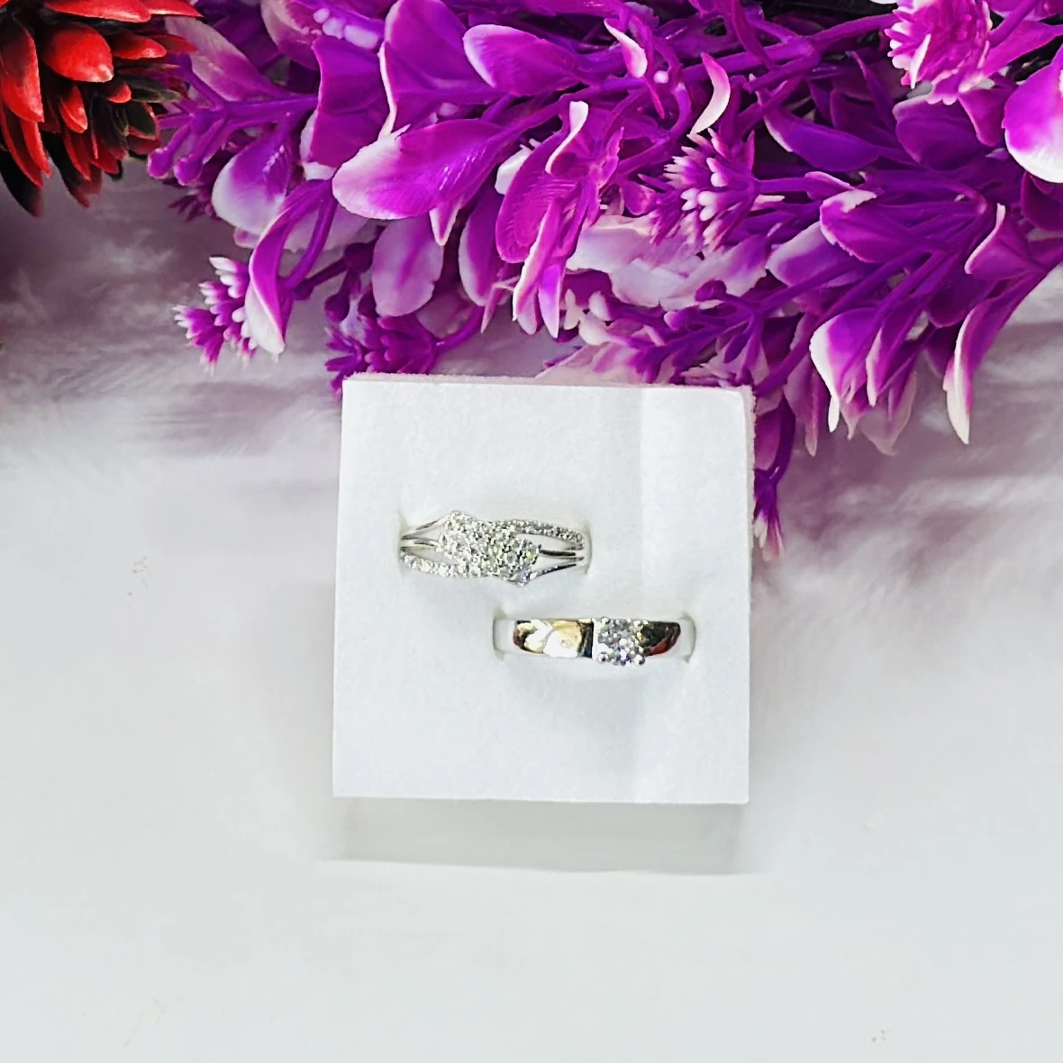 Silver Plated Zirconia Studded Ring Set for Couples