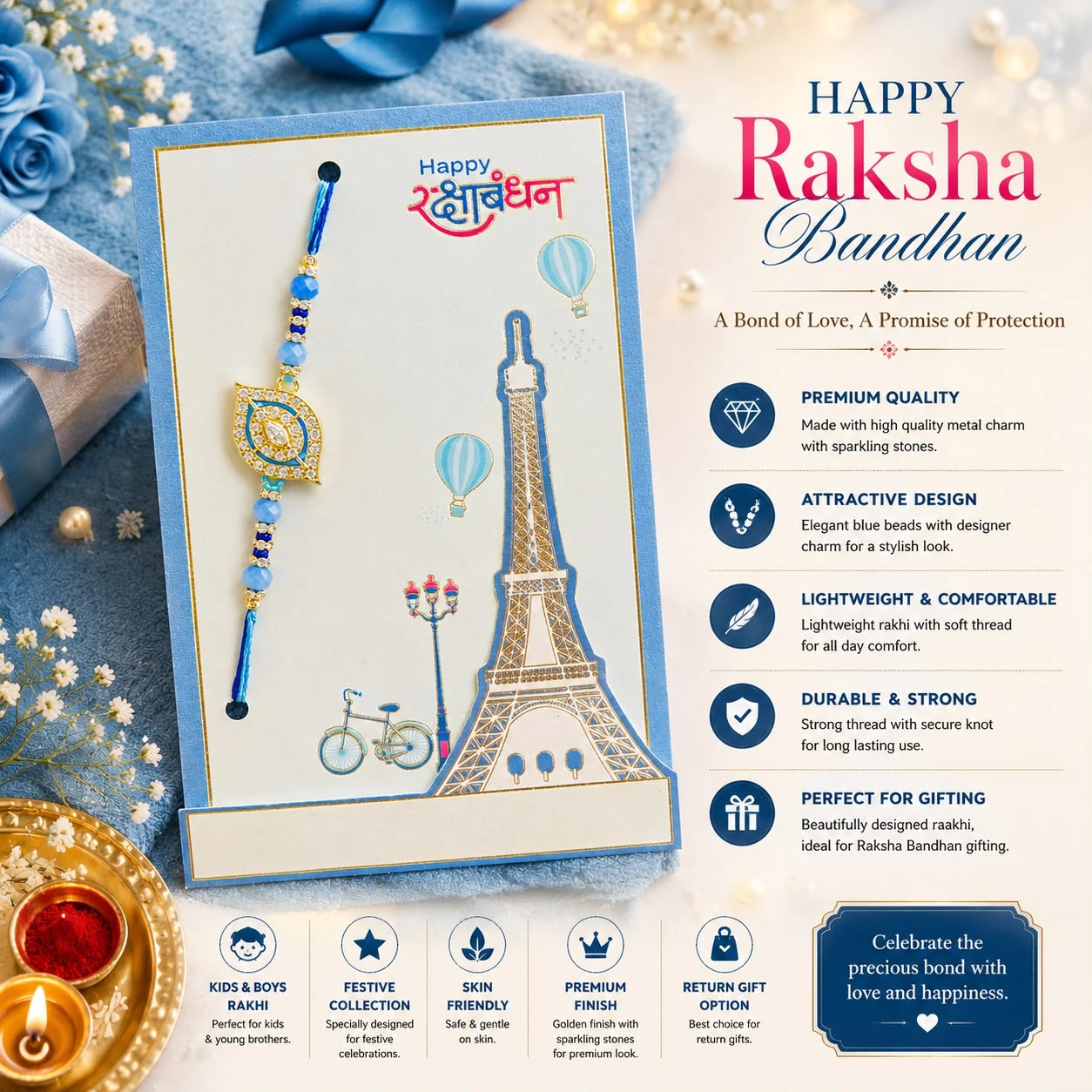 designer rakhi featuring a square metal charm with sparkling stones and pastel beads.