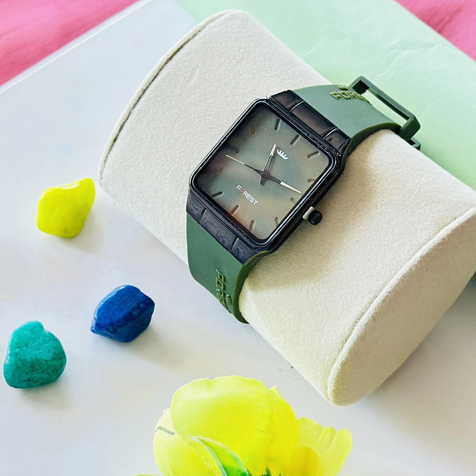 Forest FRT-917-BK analog watch for men features a square black dial and a matching green silicone strap.