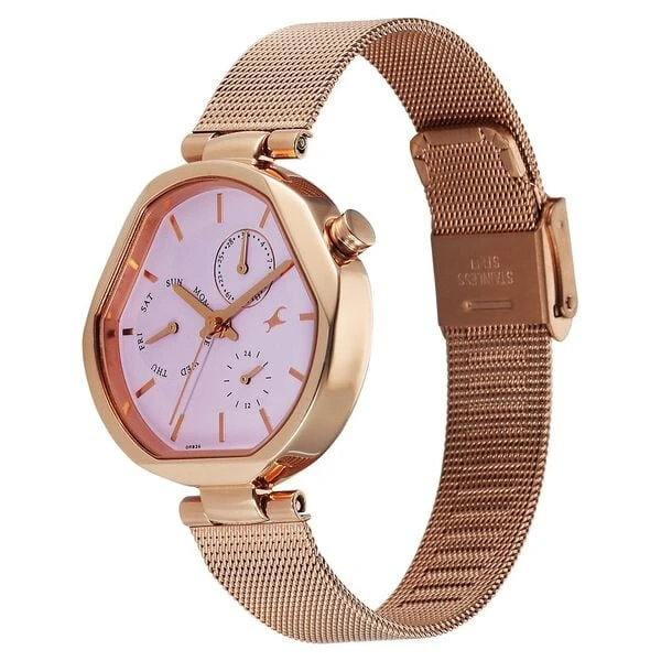 Fastrack Tick Tock Quartz Multifunction Pink Dial Stainless Steel Strap Watch For Girls