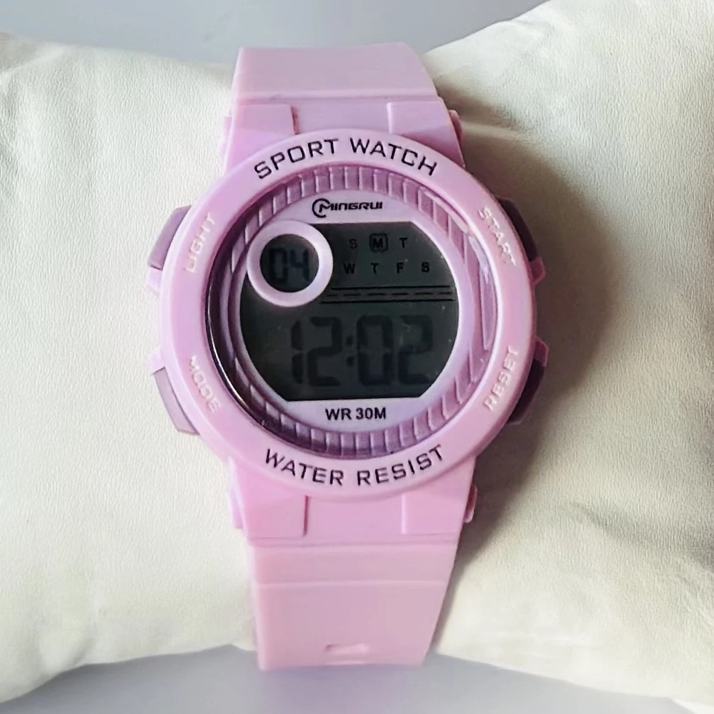 Mingrui 8212L Tennger Lady sport digital watch with a pink silicone strap.