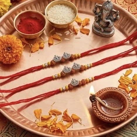 rakhis feature silver-colored "Om" and "Ganesha" symbols on red thread.