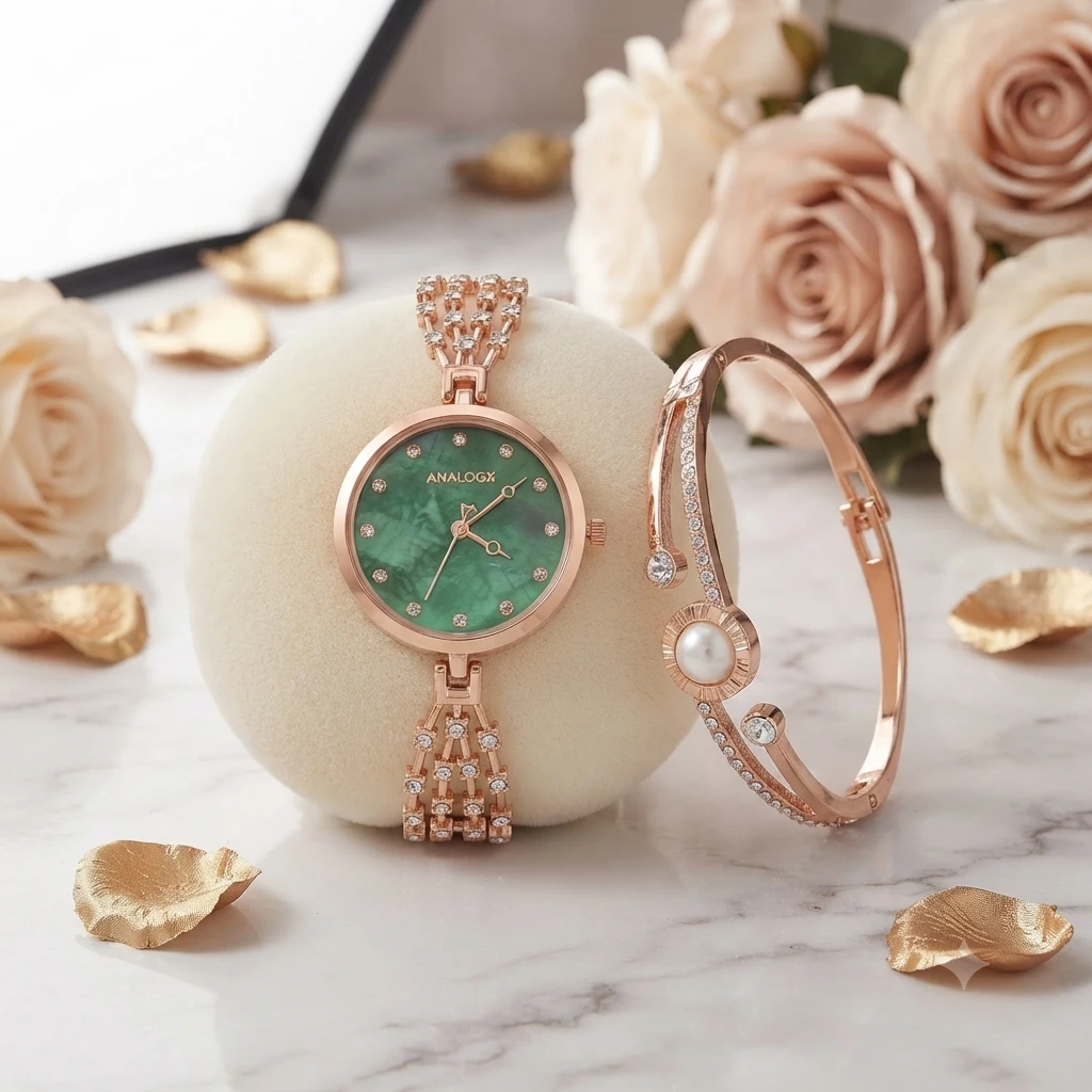 elegant rose-gold women's watch features a striking textured green dial and a multi-strand crystal bracelet strap.