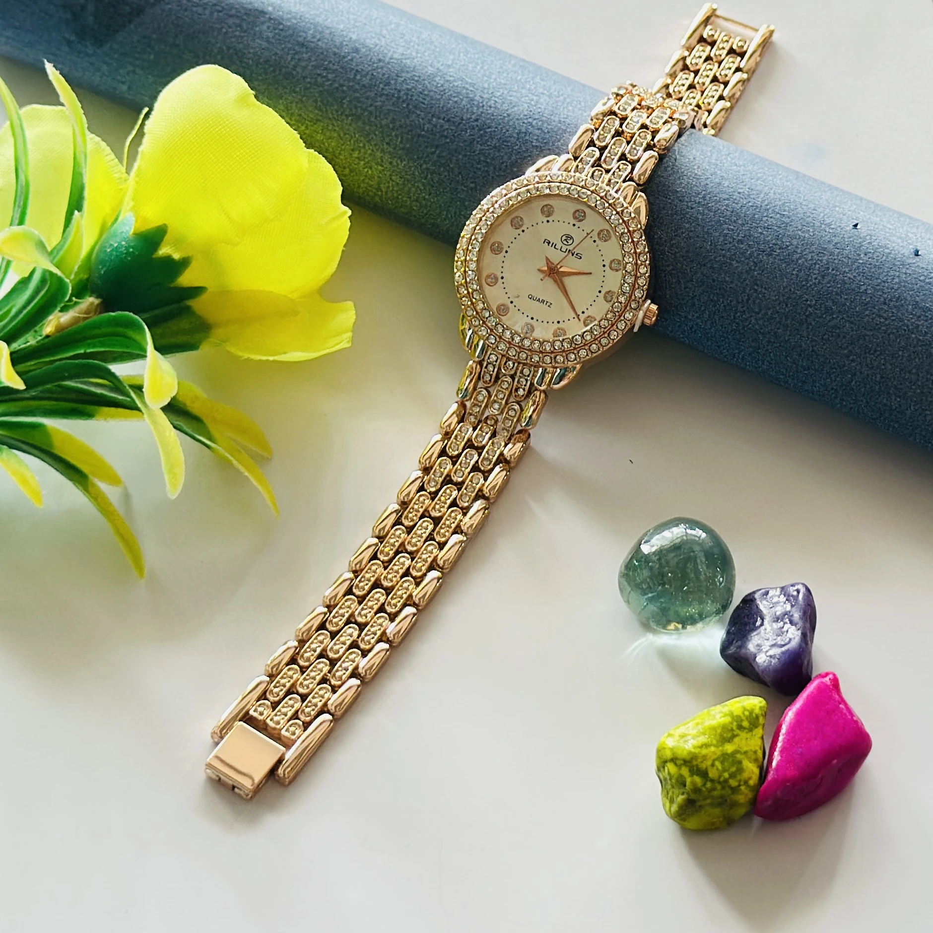 Rillins crystal-embellished gold-tone quartz watch for women.