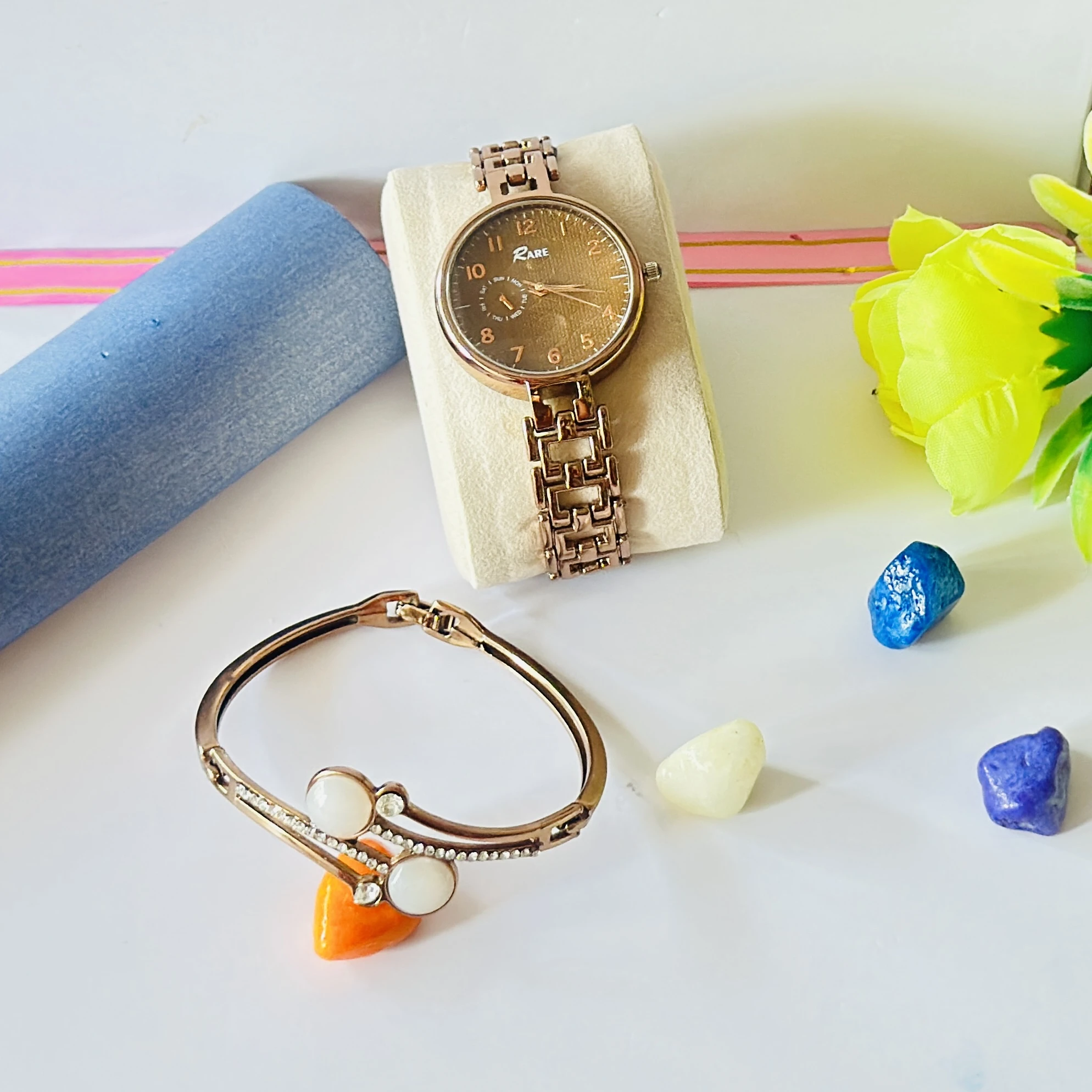 Rare branded rose gold analog watch and matching bracelet set