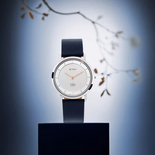 Quartz Analog Silver Dial Navy Blue Leather Strap Watch For Men - NT1595SL06