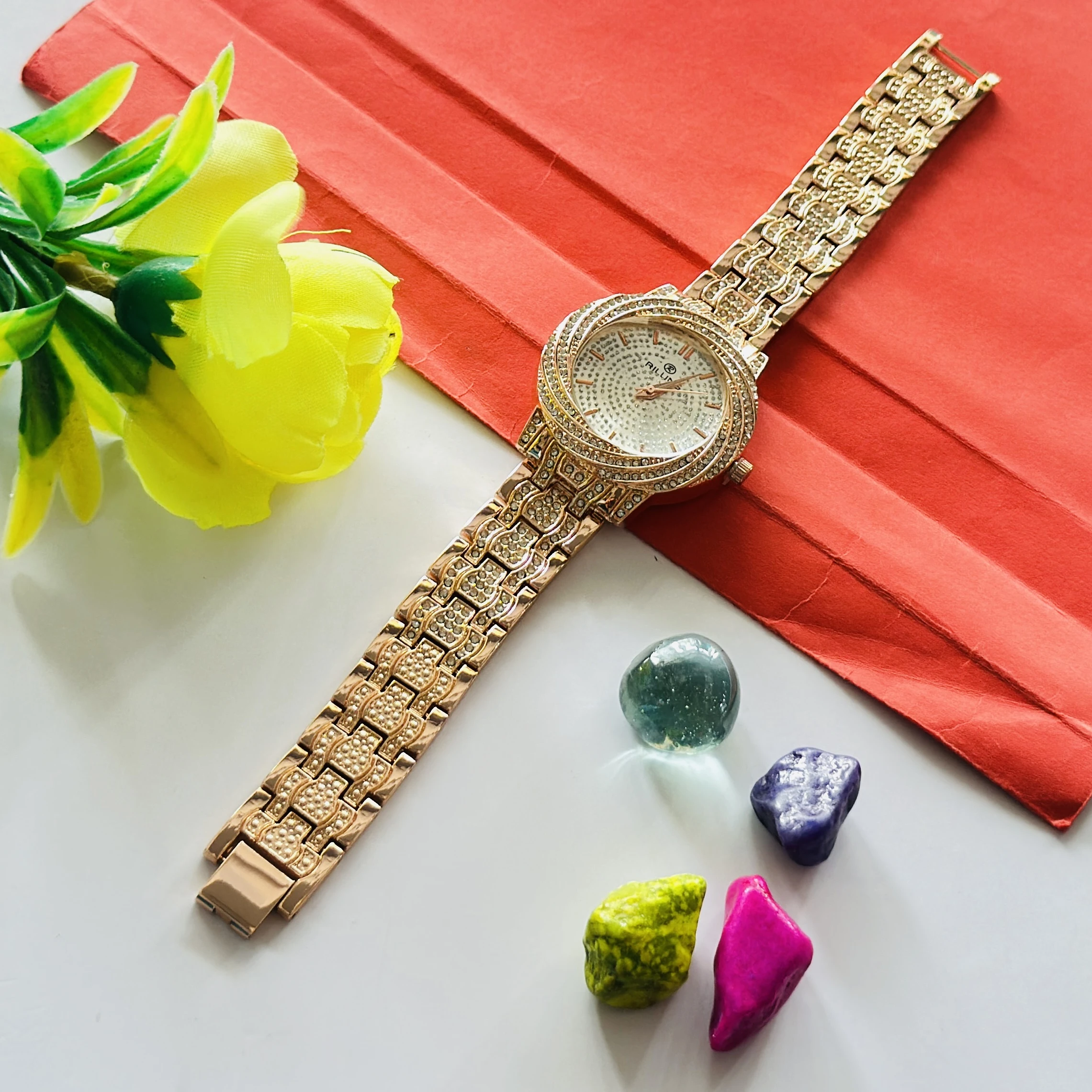 Rillins crystal-embellished gold-tone quartz watch for women.