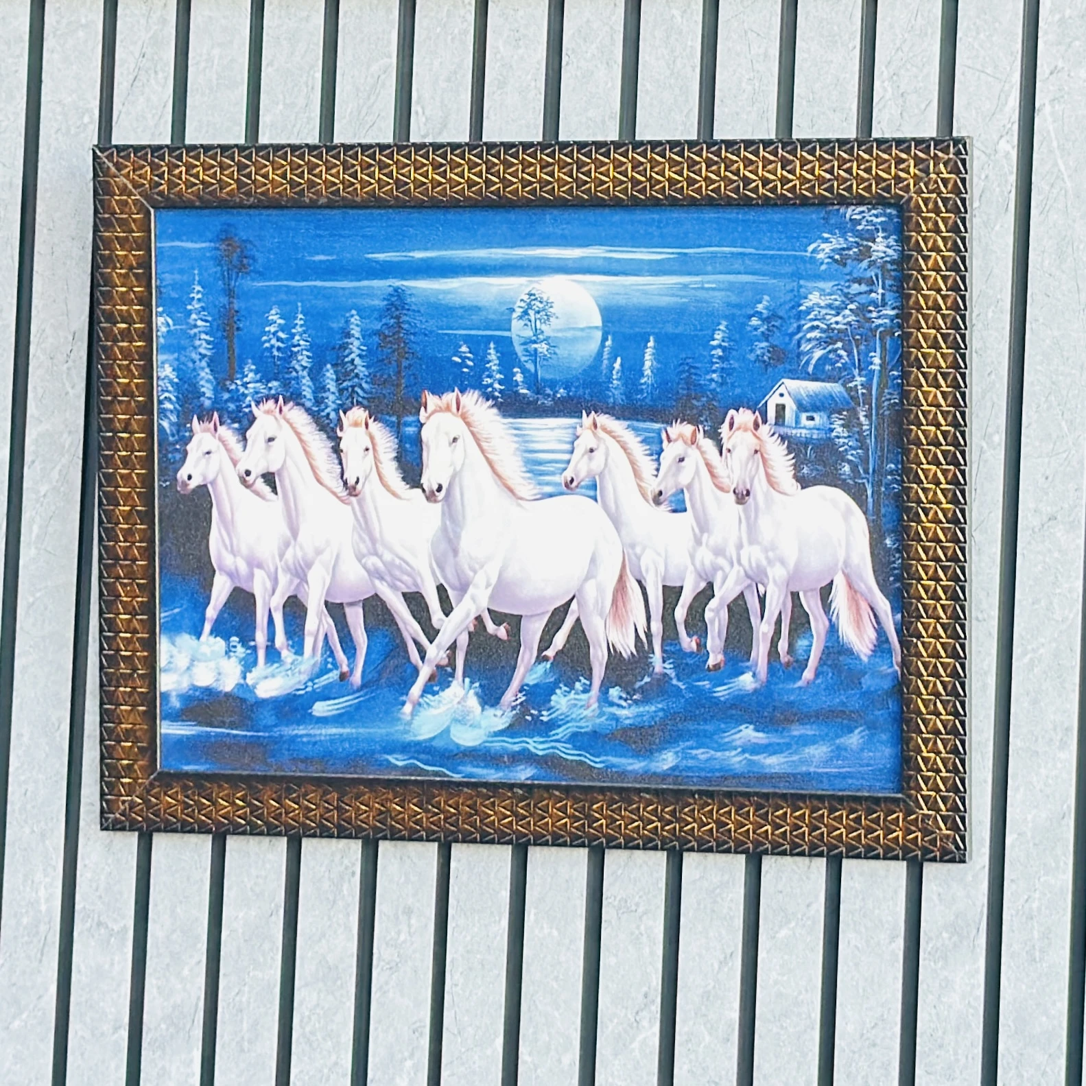 Seven White Running Horses Vastu framed wall art painting. HZOXPI