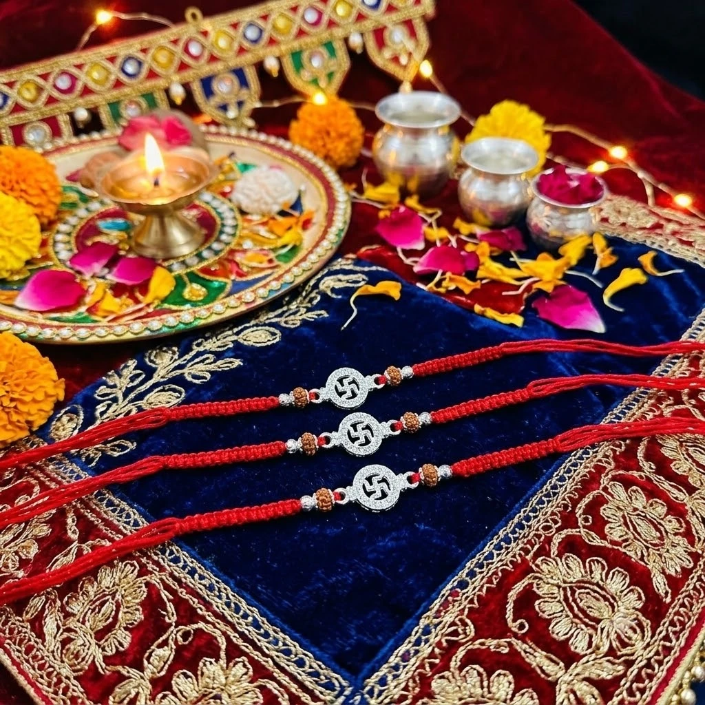 set of three Premium Silver Finish Rakhi bracelets designed for Raksha Bandhan.