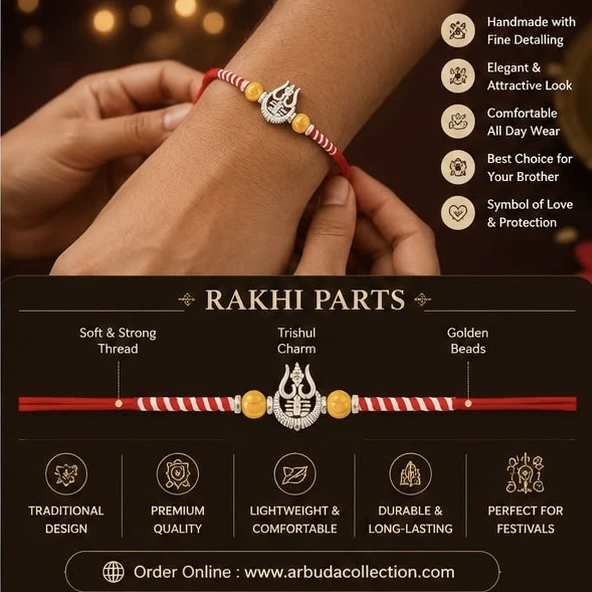 silver-plated trishul charm on a red braided thread.