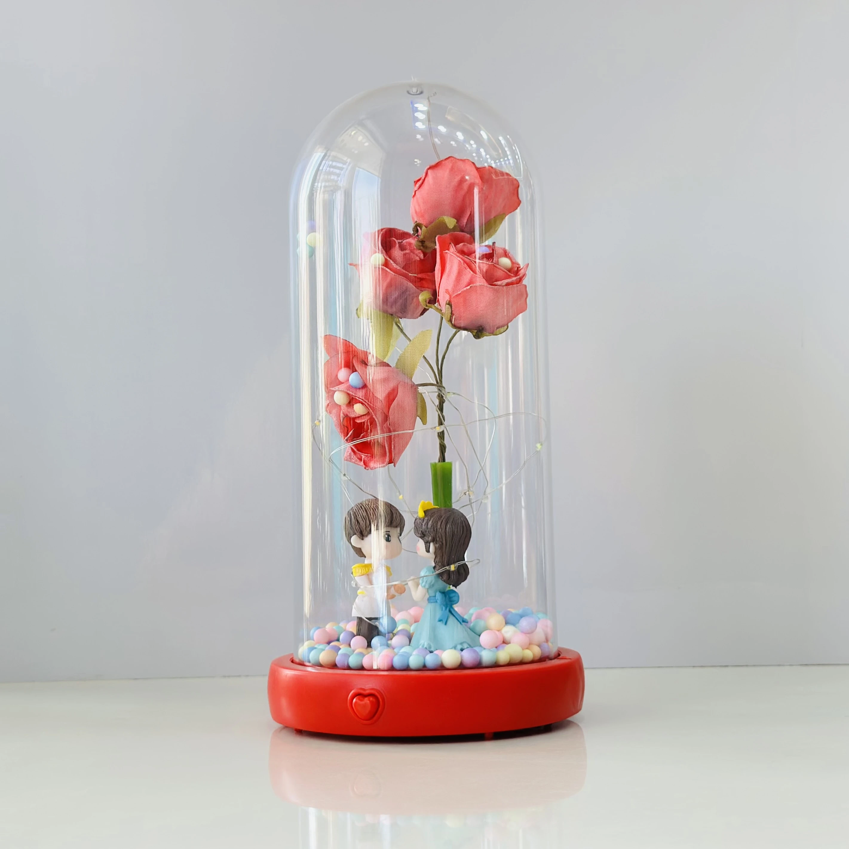 ROMANTIC RED ROSE COUPLE SHOWPIECE IN GLASS DOME WITH LIGHT, MUSIC & BLUETOOTH (SKU-58672S)