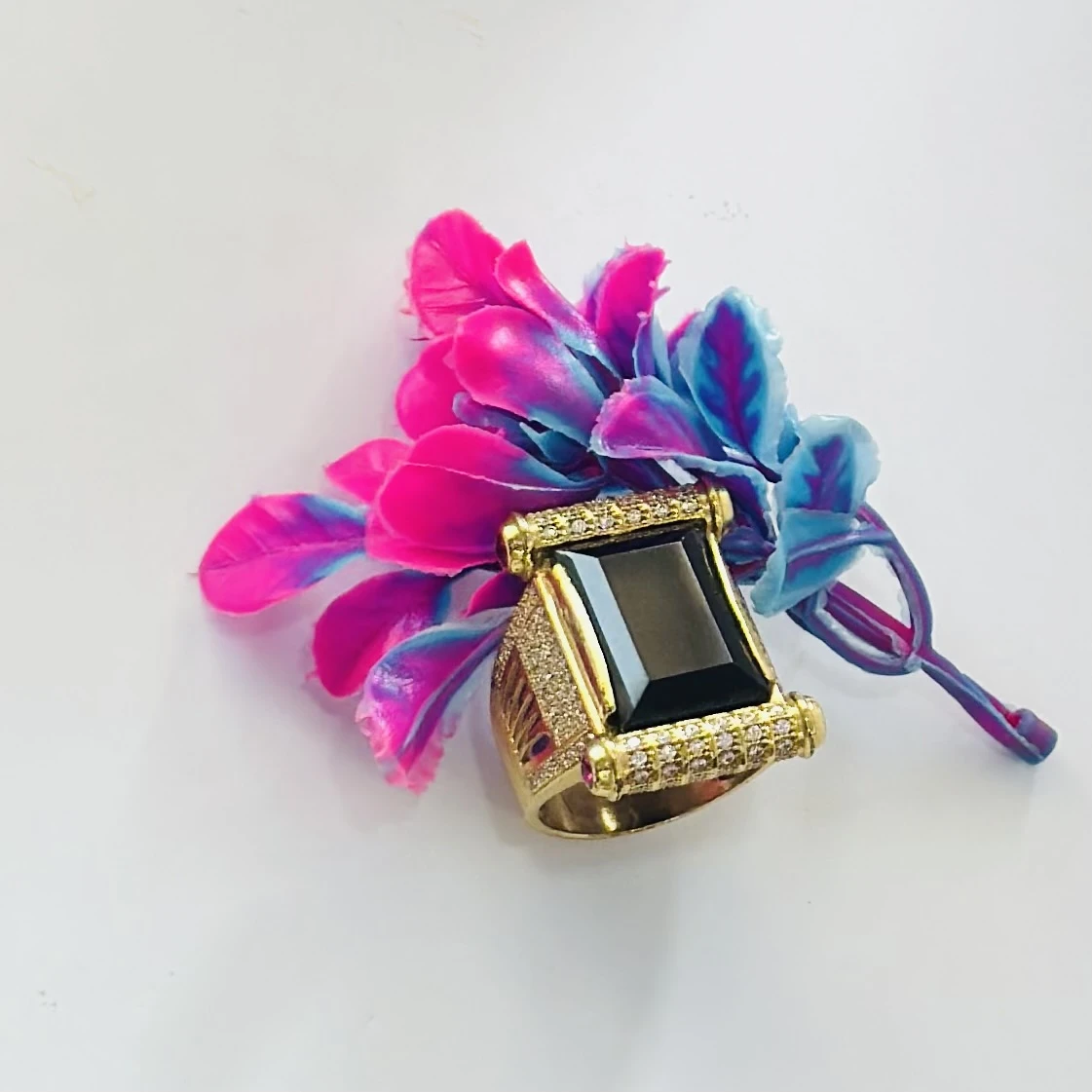 Freemen Black Big Stone With Diamond Golden Plated Ring