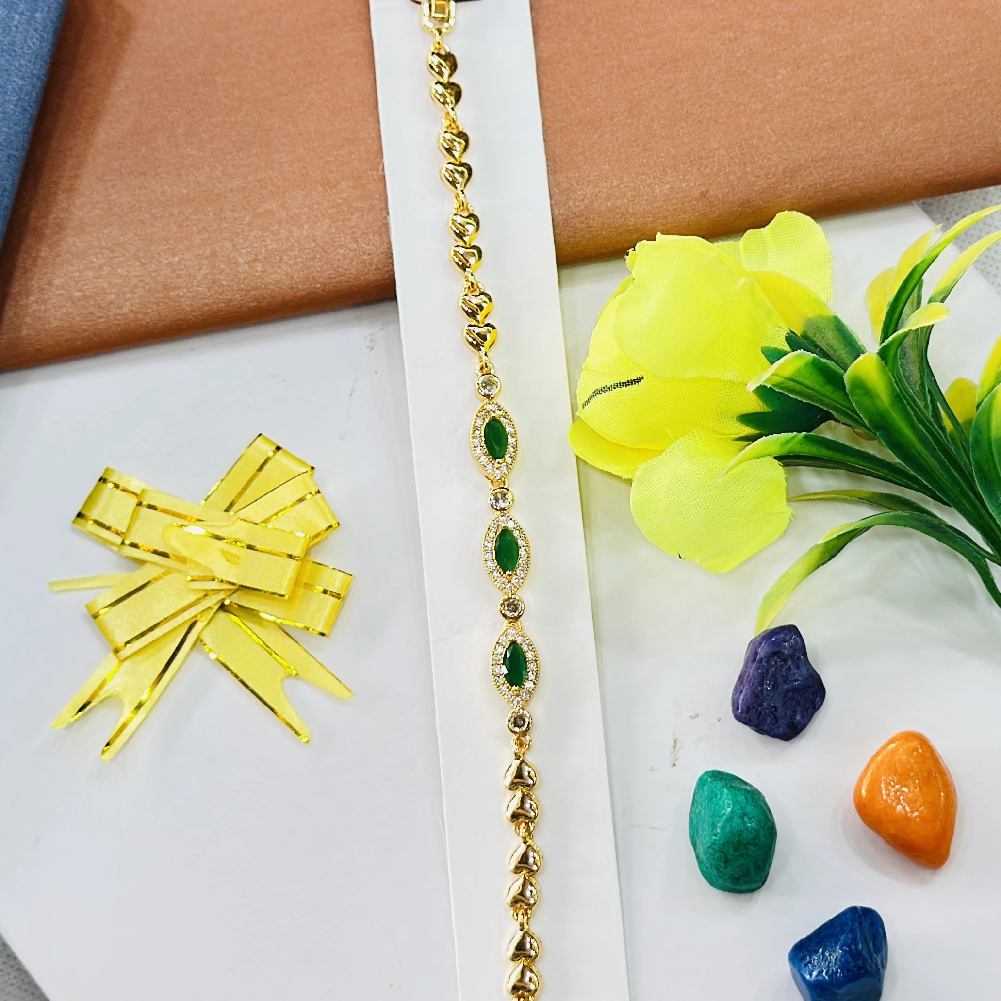 Gold plated, green stone and cubic zirconia embellished bracelet