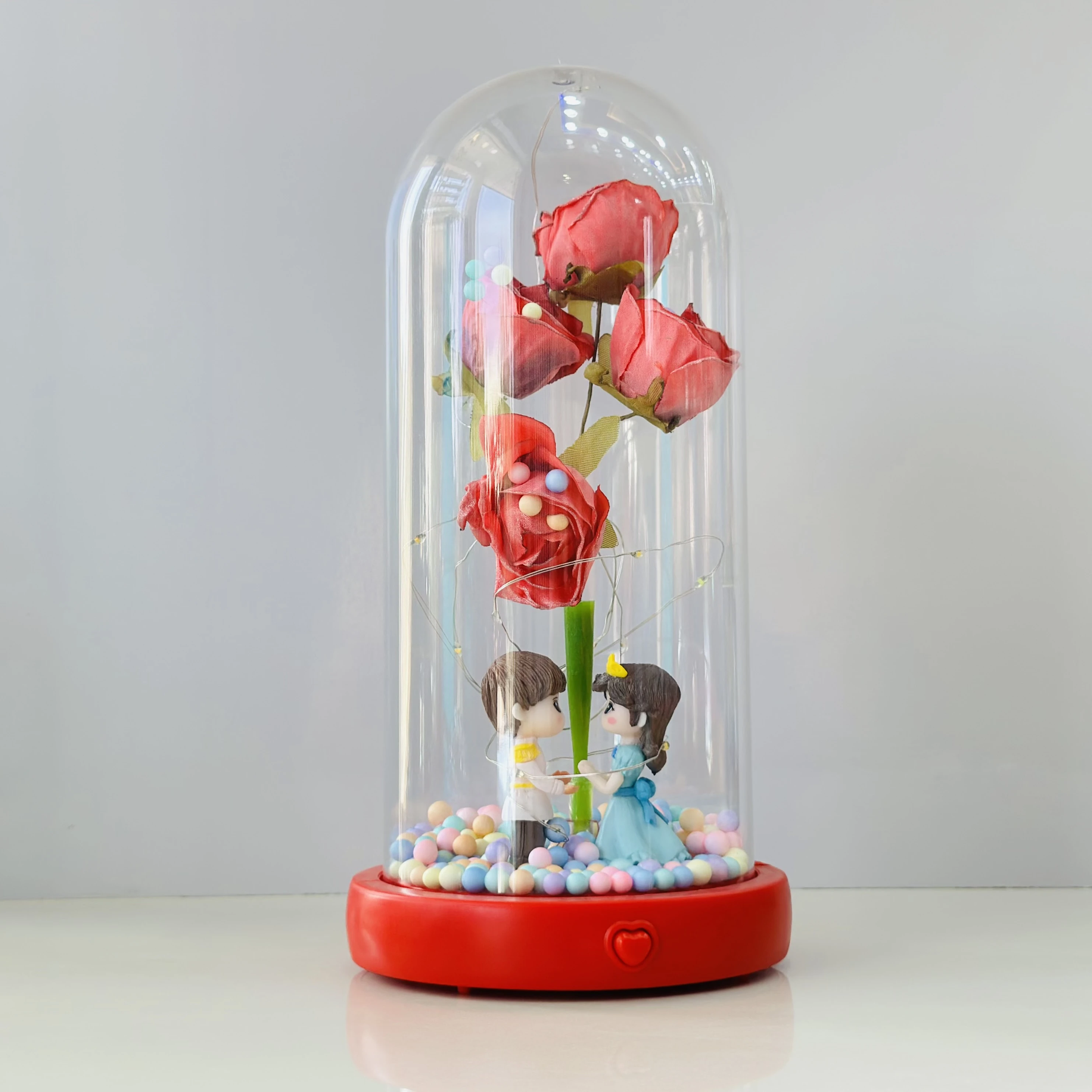 ROMANTIC RED ROSE COUPLE SHOWPIECE IN GLASS DOME WITH LIGHT, MUSIC & BLUETOOTH (SKU-58672S)