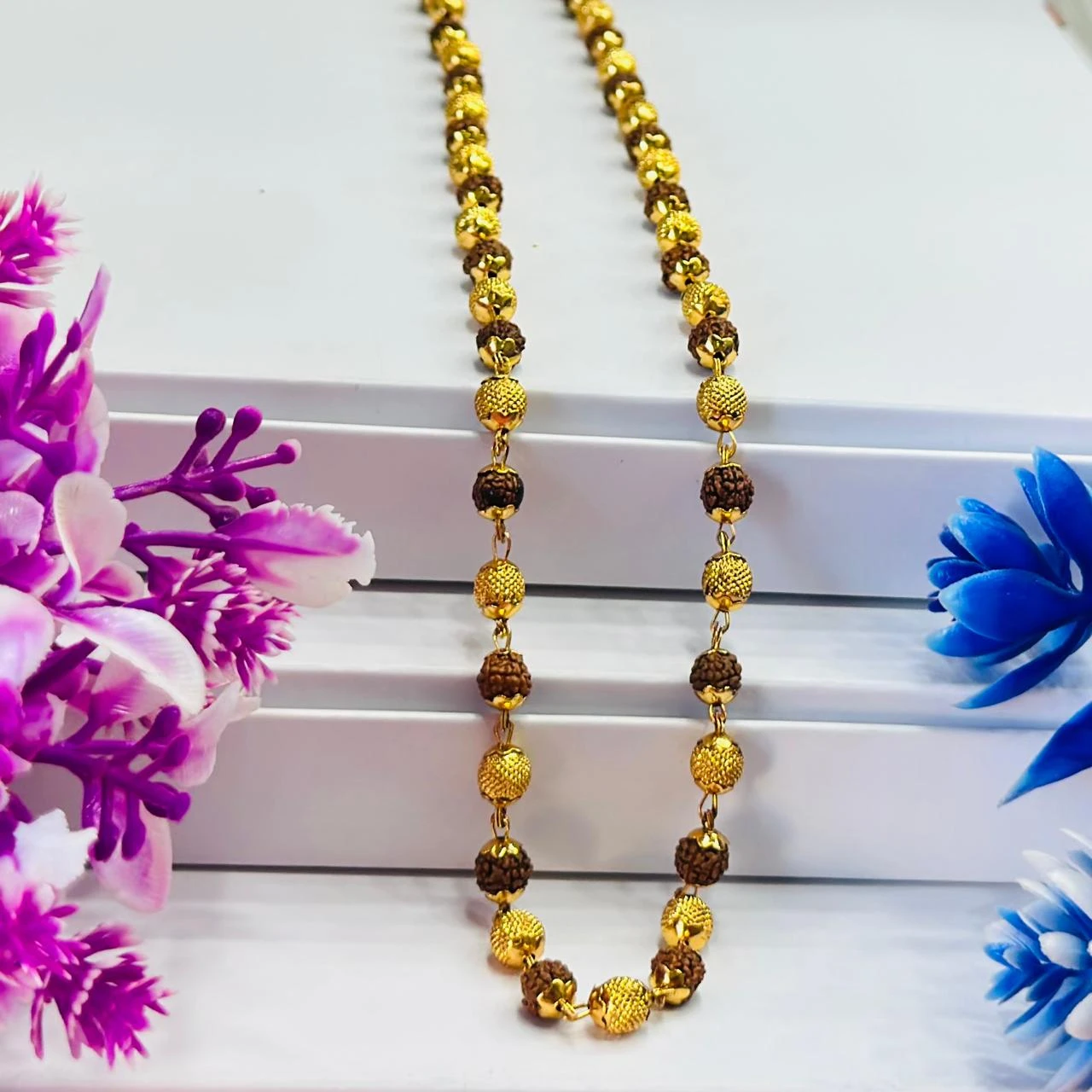 Golden Flower Brown Rudraksha Mala