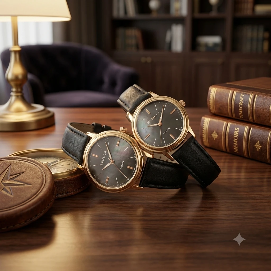 black "Snille" quartz watches with gold-tone cases and black faux leather straps