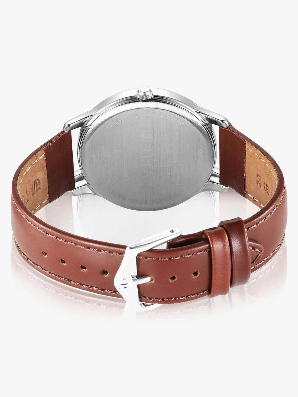 Titan On Trend analog watch featuring a clean white dial and a brown leather strap