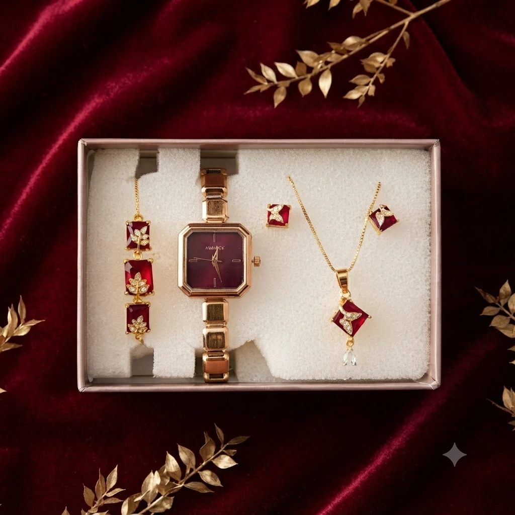 an elegant rose gold watch and jewelry gift set