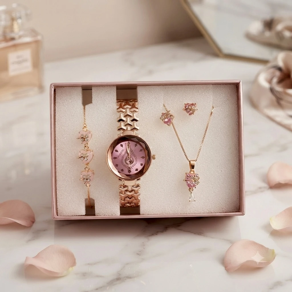 an elegant rose-gold women's watch and jewelry gift set
