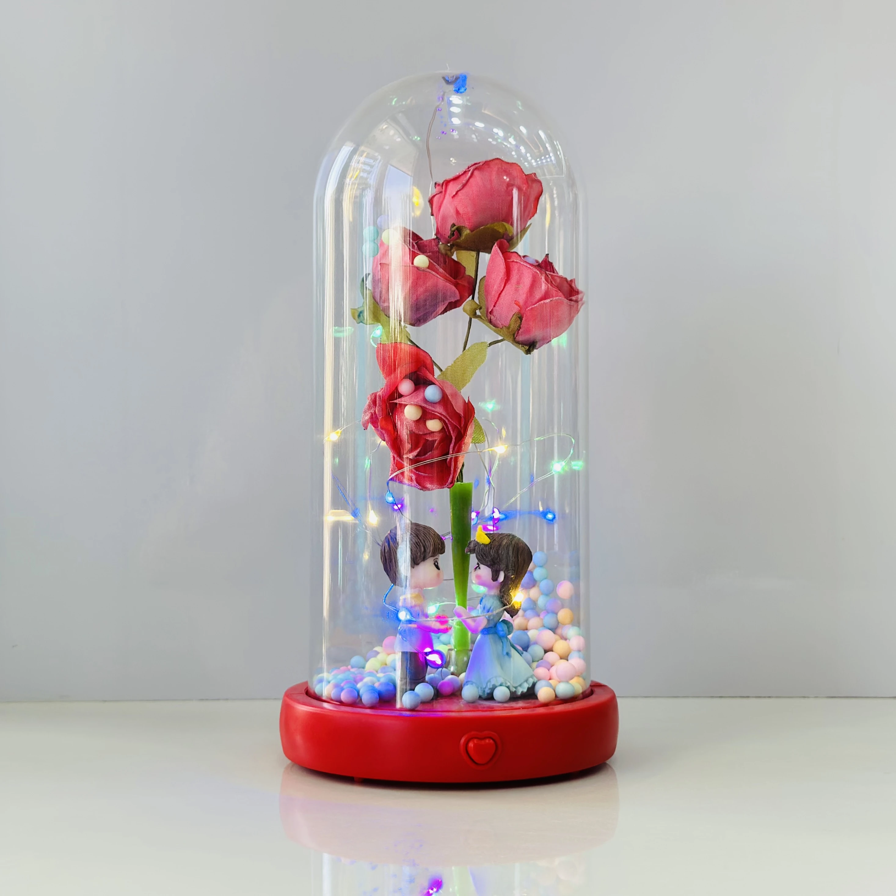 ROMANTIC RED ROSE COUPLE SHOWPIECE IN GLASS DOME WITH LIGHT, MUSIC & BLUETOOTH (SKU-58672S)