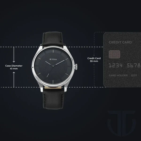 Titan analog wristwatch with a round black dial and a black leather strap