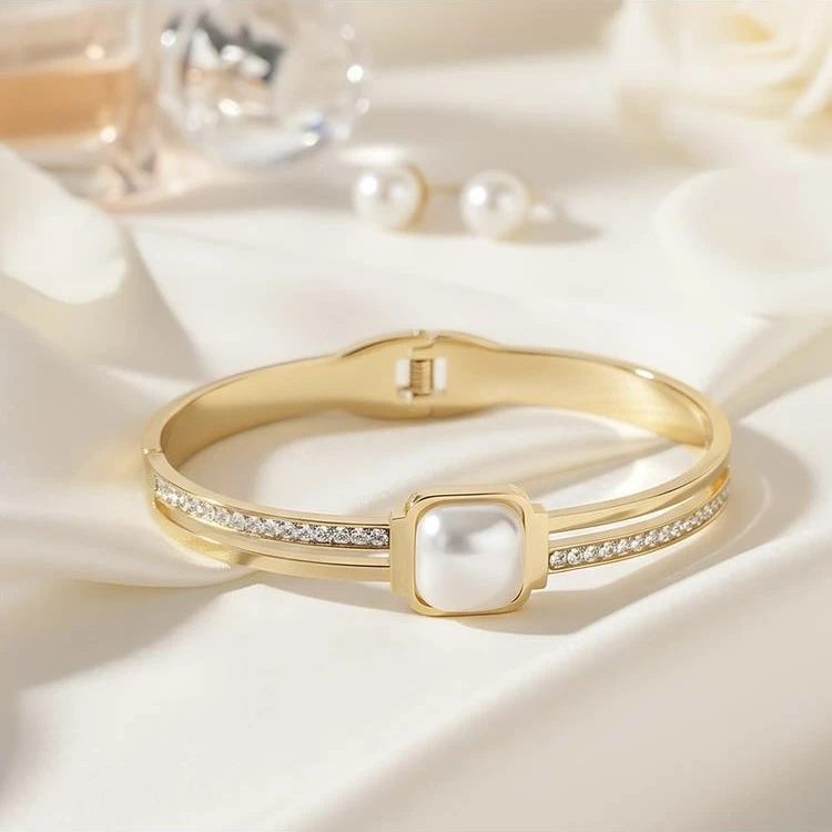 gold-plated pearl and cubic zirconia studded hinged kada