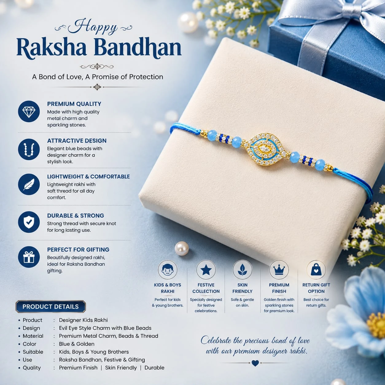 designer rakhi featuring a square metal charm with sparkling stones and pastel beads.