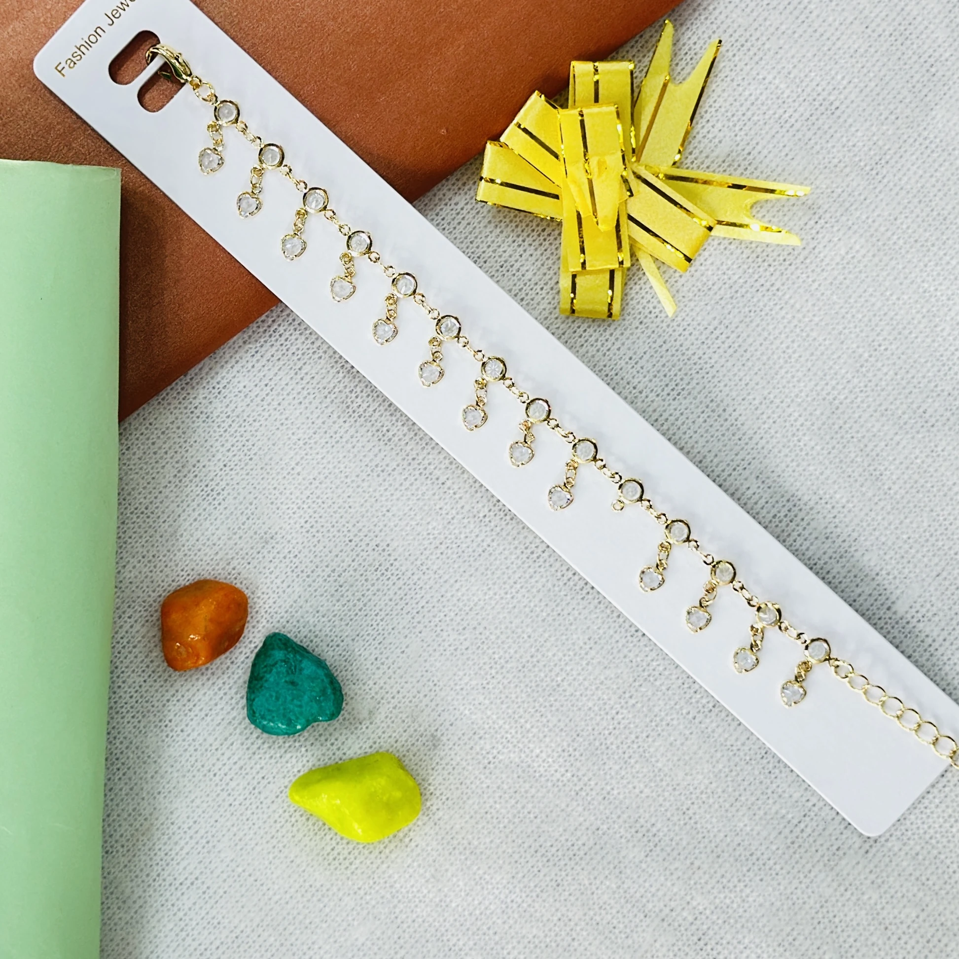 Gold plated brass zircon dangle chain bracelet