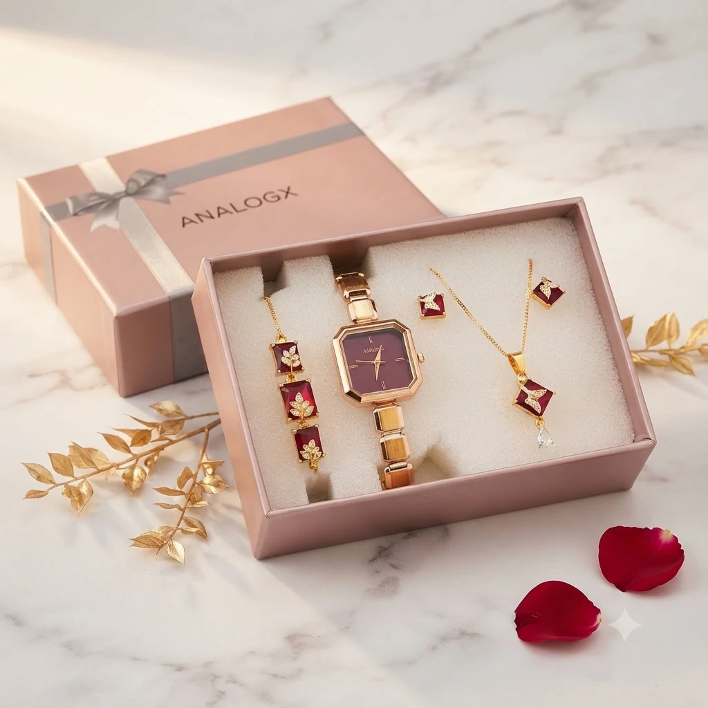 an elegant rose gold watch and jewelry gift set