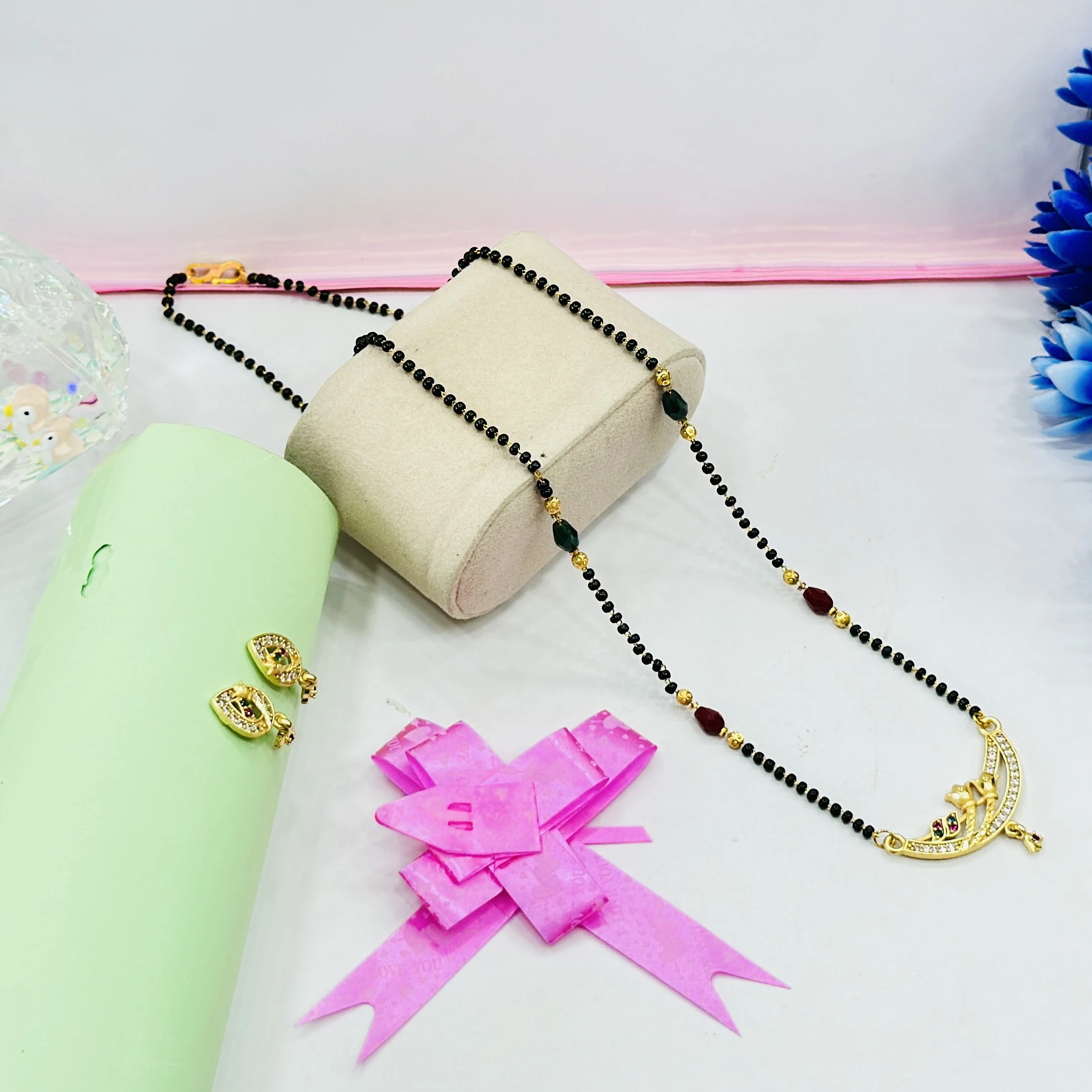 Gold plated brass mangalsutra necklace and earring set