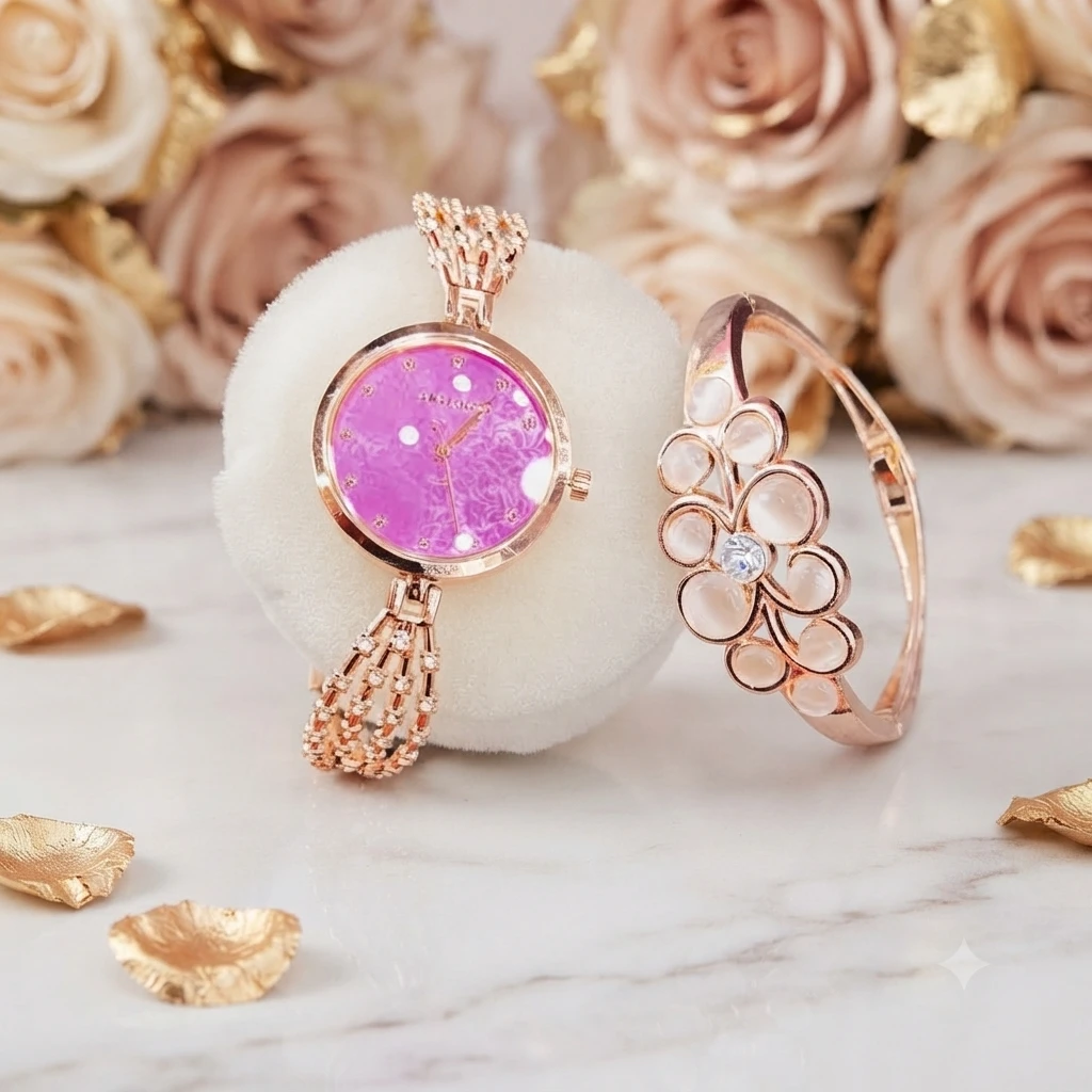 an elegant rose gold women's watch and matching crystal bracelet set