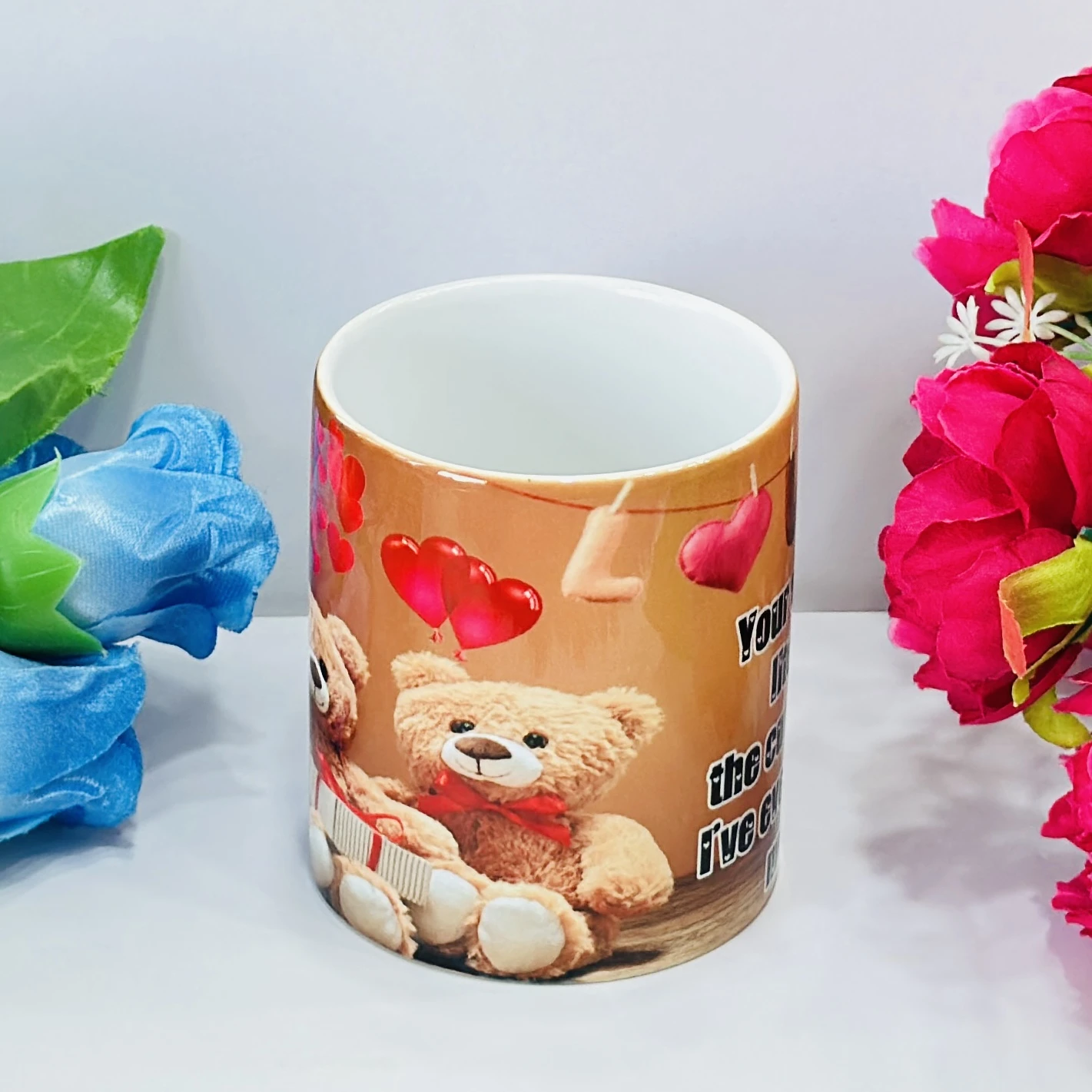 ceramic coffee mug with a teddy bear and heart design. ….5OQYAY