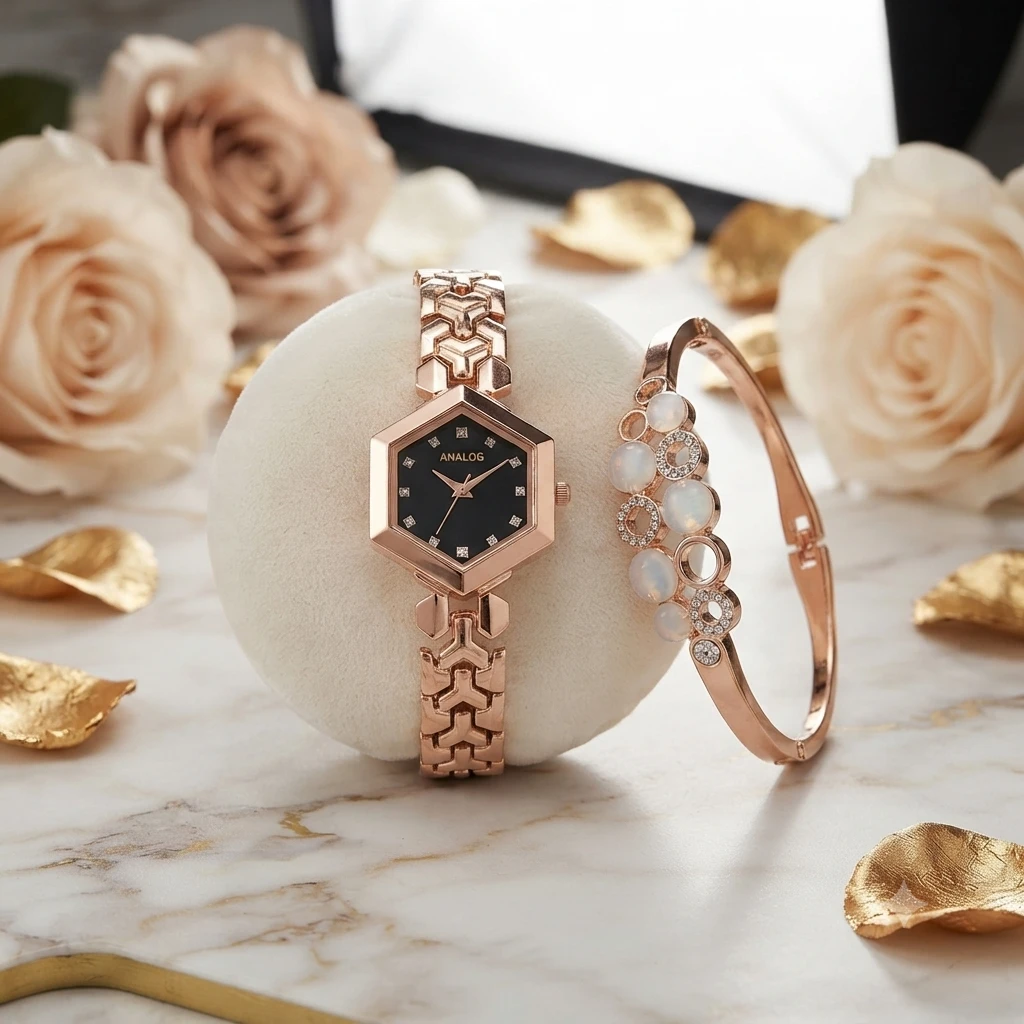 Analogx rose gold analog watch paired with a matching floral crystal-studded bracelet.