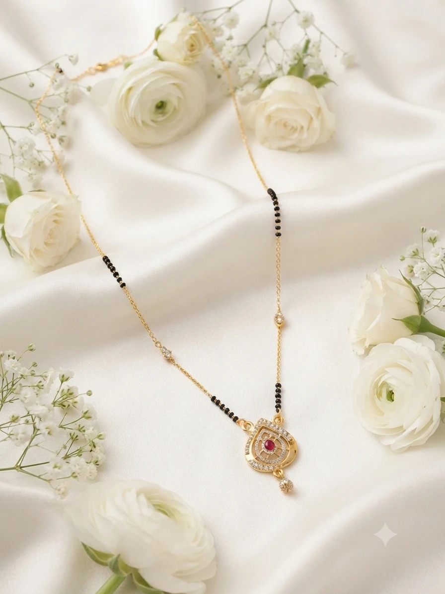gold-plated mangalsutra features black beaded chains and a pendant