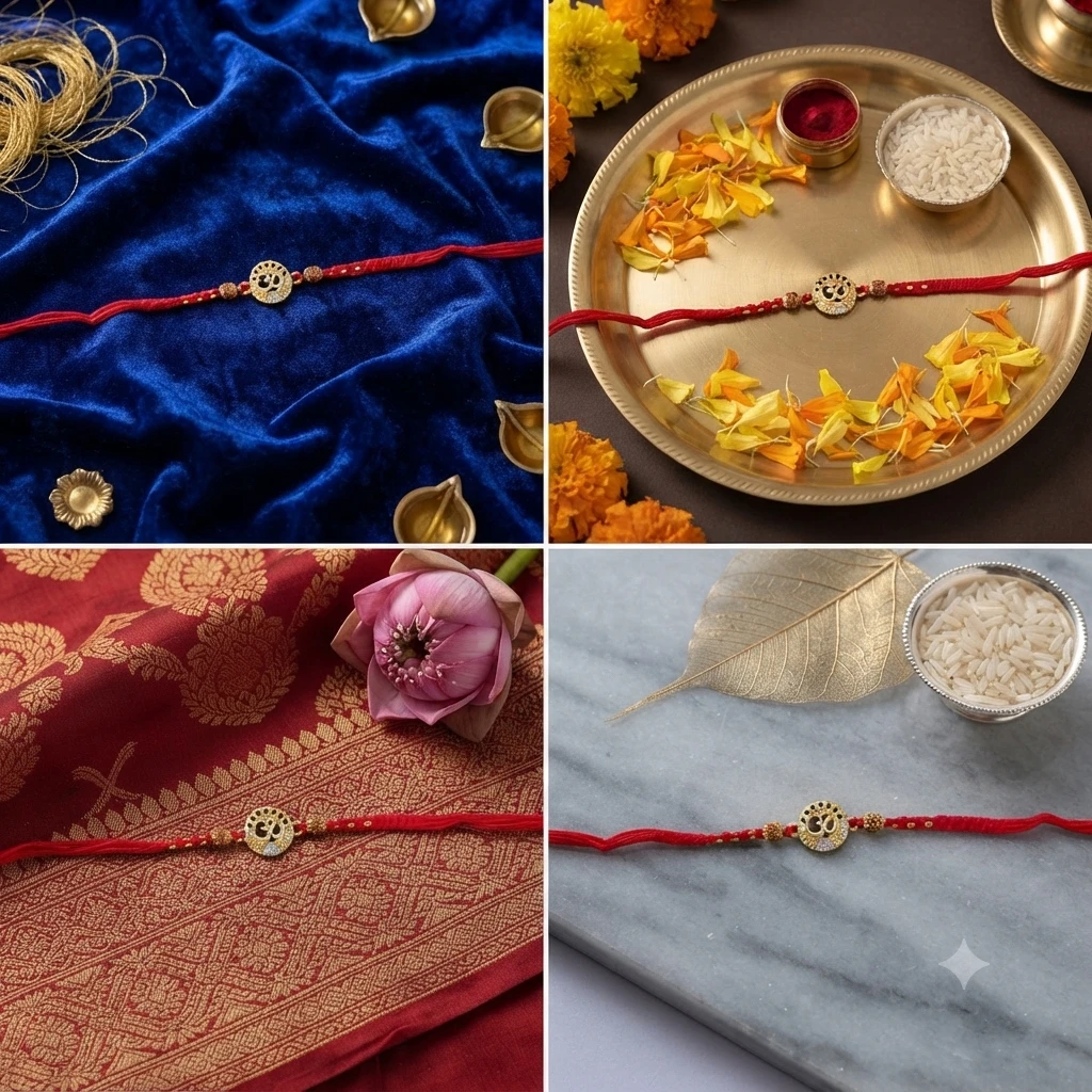 traditional red thread, or moli, rakhi featuring a gold-toned Om charm embellished with white and black stones.