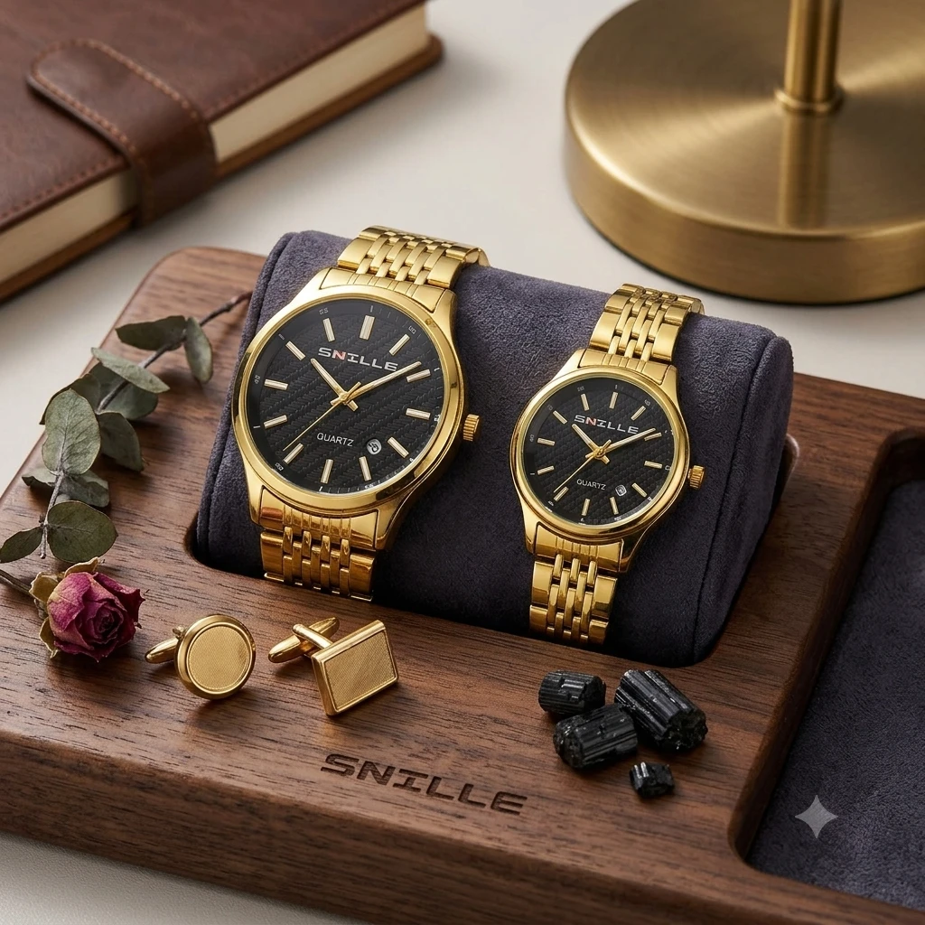 pair of Snille Date Series analog quartz watches for men and women with gold-tone link bracelets and black dials.