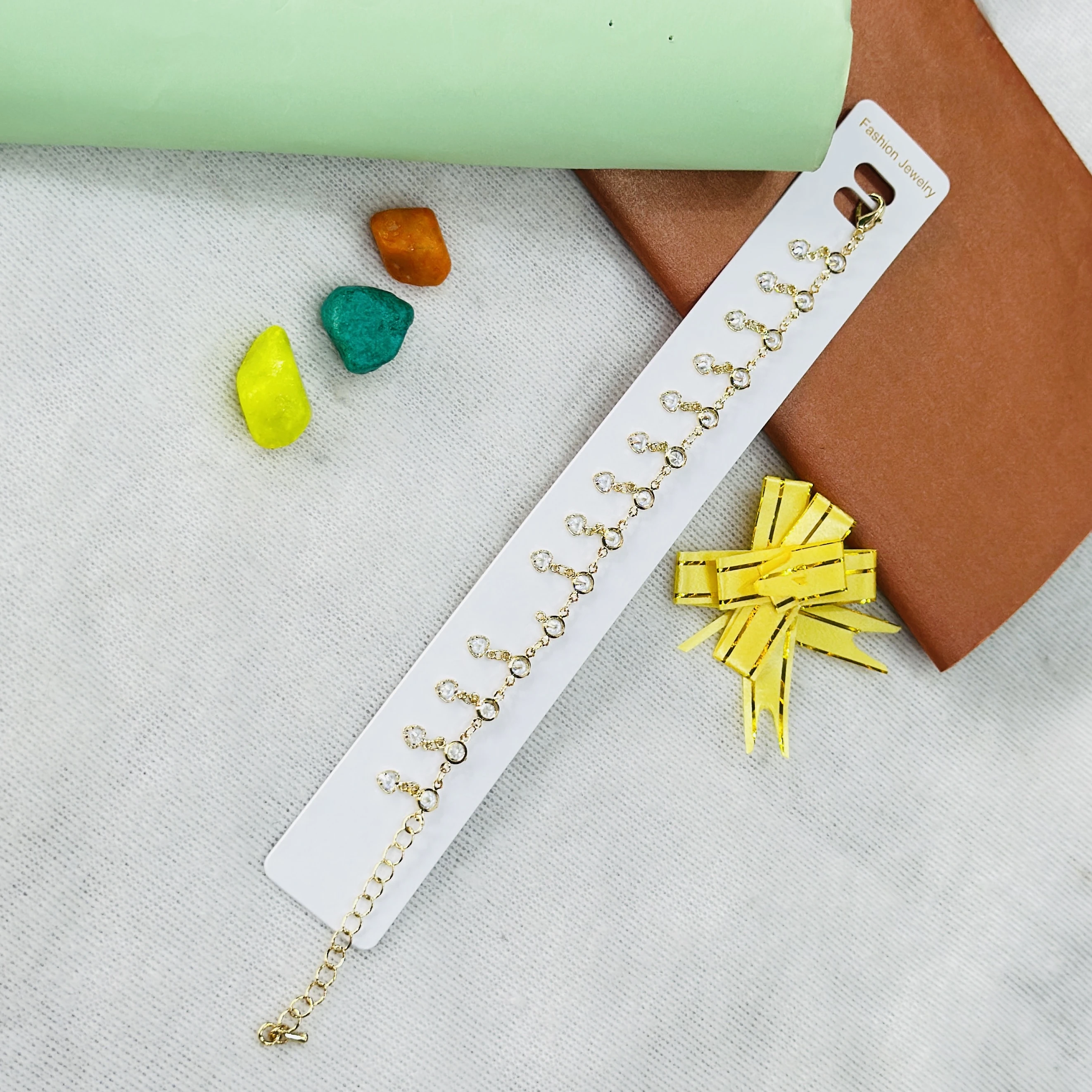 Gold plated brass zircon dangle chain bracelet