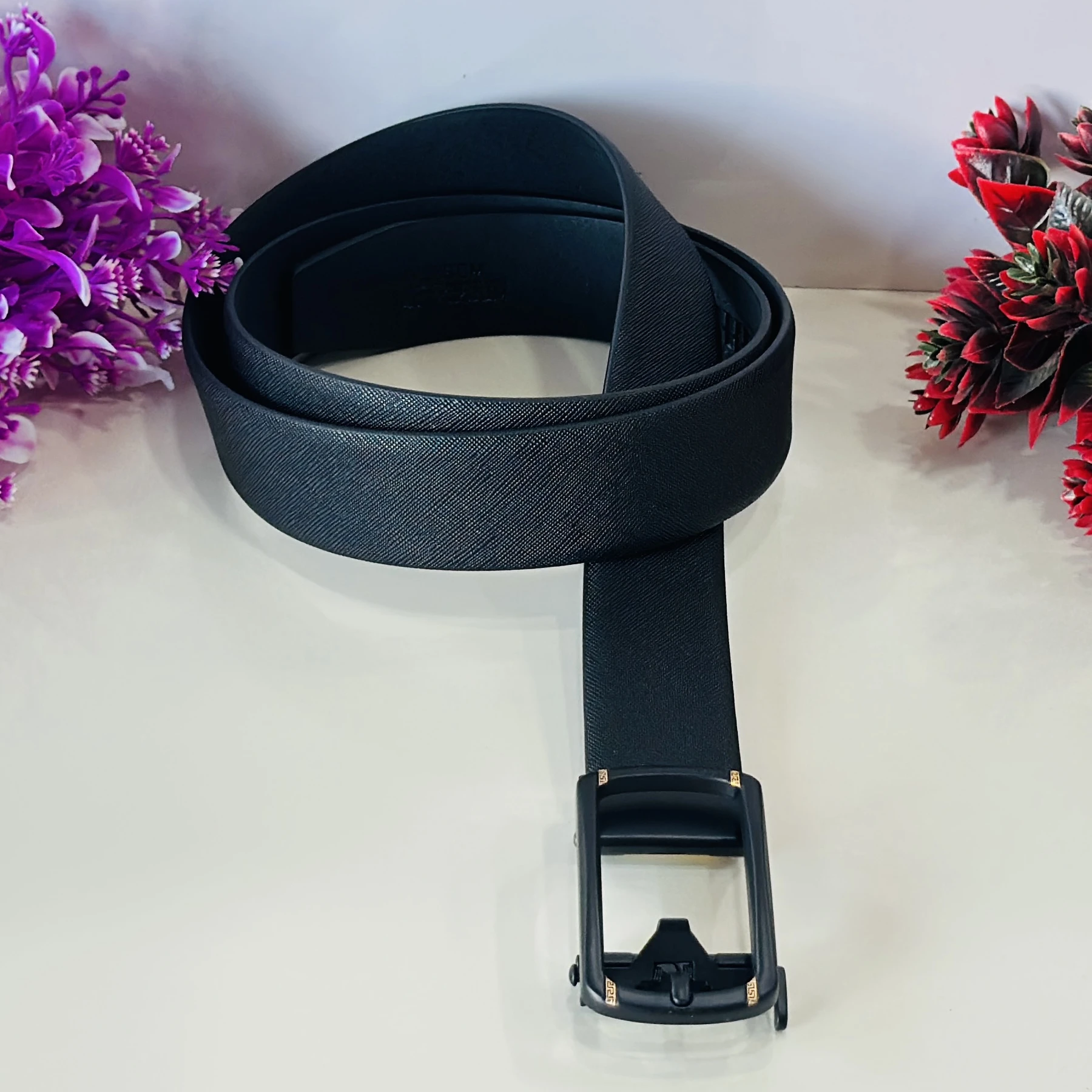 Black genuine leather formal belt for men
